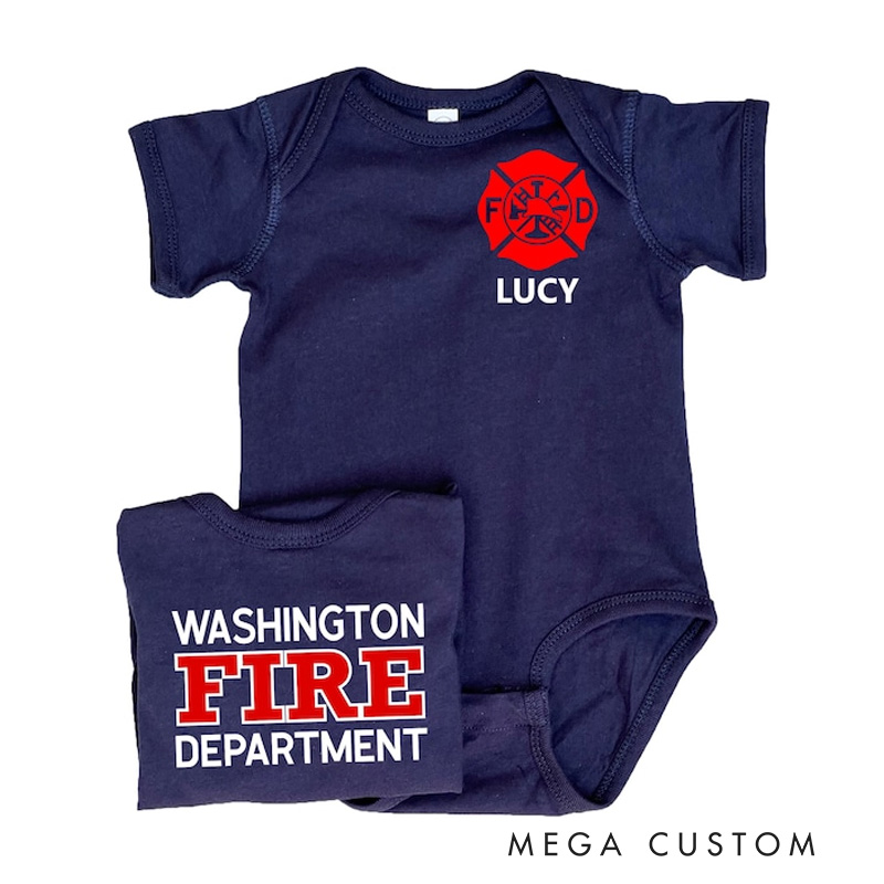 Personalized Fire Department Baby Bodysuit with Custom Name and Bold Firefighter Emblem for Little Heroes Baby Bodysuit