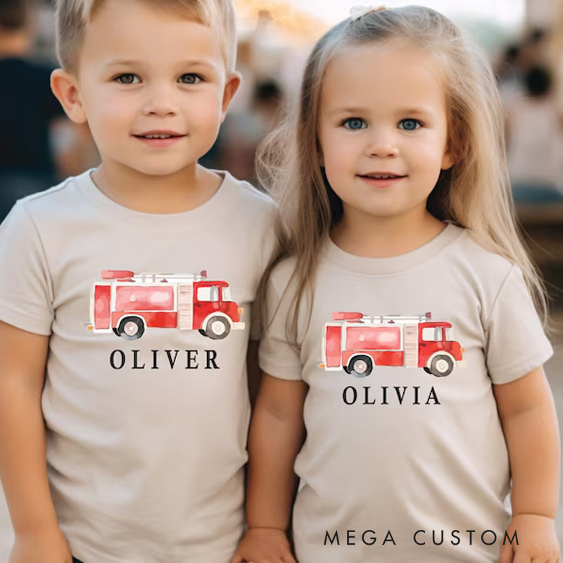 Personalized Fire Truck Kids T-Shirt with Custom Name and Adorable Red Fire Engine Graphic for Little Heroes Kids T-Shirt