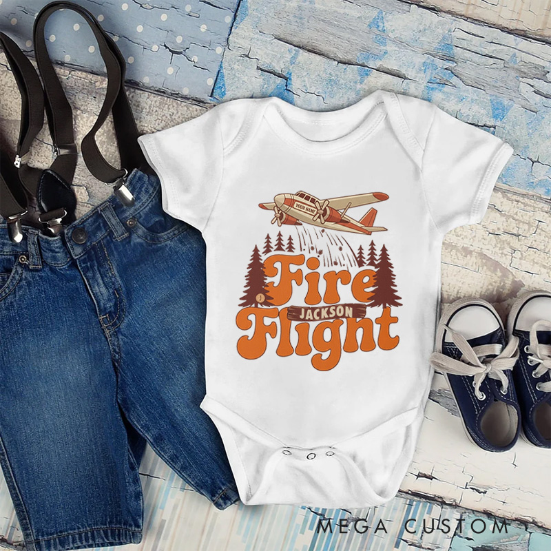 Personalized Fire Flight Baby Bodysuit with Custom Name and Vintage Aerial Firefighter Plane Graphic for Little Adventurers Baby Bodysuit