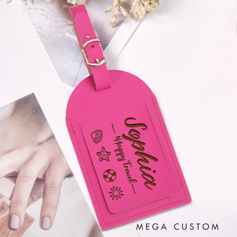 Personalized Happy Travel Leather Luggage Tag for Traveling Lovers Gift for Beach Vacation