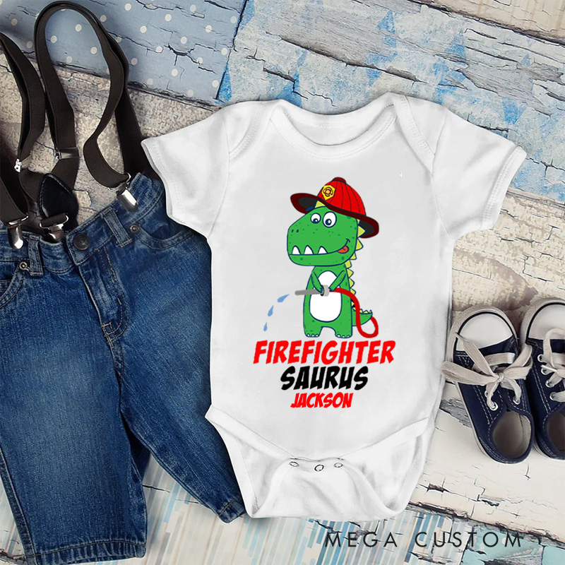 Personalized Firefighter Saurus Baby Bodysuit with Custom Name and Cute Dinosaur Firefighter Graphic for Little Heroes Baby Bodysuit