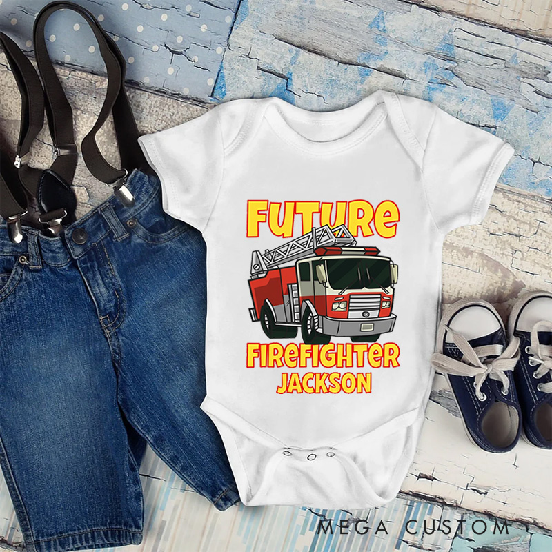 Personalized Future Firefighter Baby Bodysuit with Custom Name and Bold Fire Truck Graphic for Aspiring Heroes Baby Bodysuit
