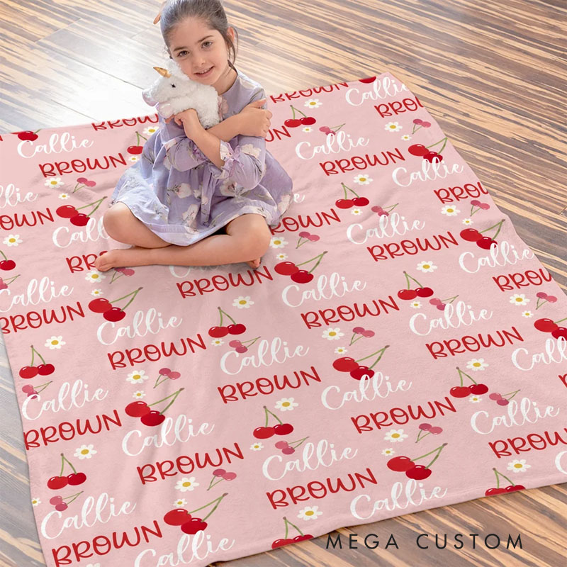 Personalized Flower Strawberry Peach Cherry Pink Soft Throw Blanket with Name Home Decor Birthday Christmas Gift for Girls