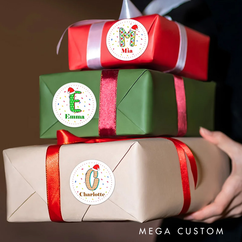 Personalized Santa Hat Initial Colorful Fireworks Waterproof Stickers with Name Festival Party Christmas Gift for Kids