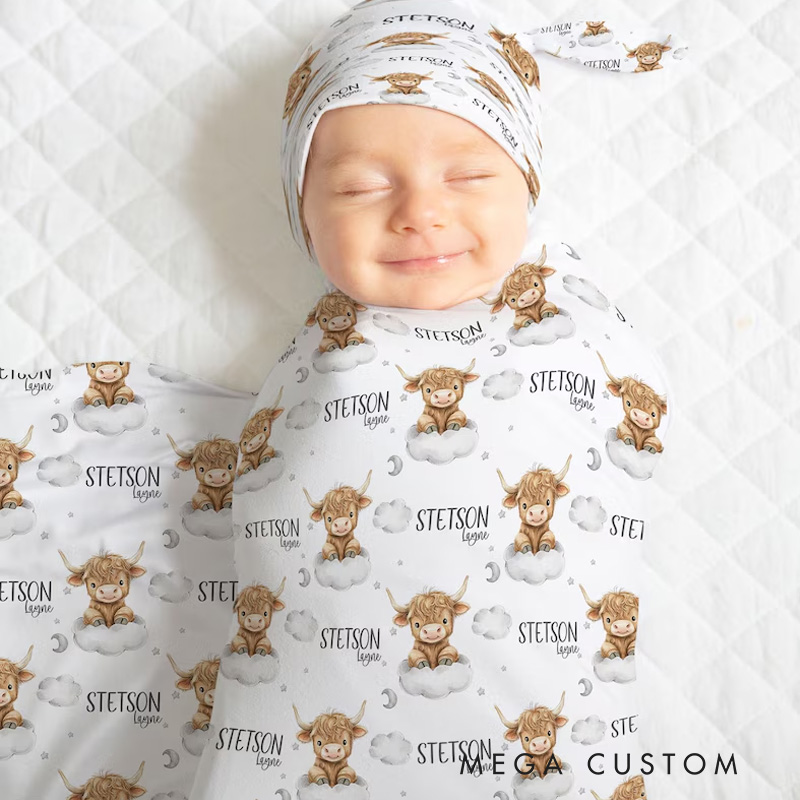 Personalized Cute Highland Cow Baby Blanket with Custom Name and Adorable Animal Graphic for Cozy Comfort Blanket