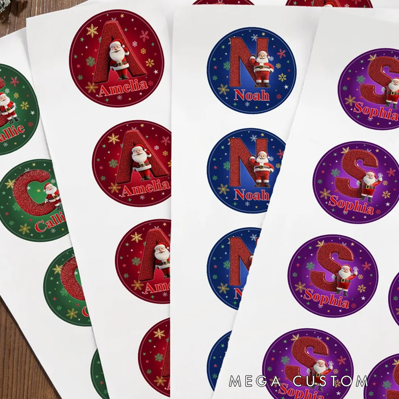Personalized Cartoon Santa Claus Initial Waterproof Stickers with Name Gift Decor Christmas Party Favor for Friends Family