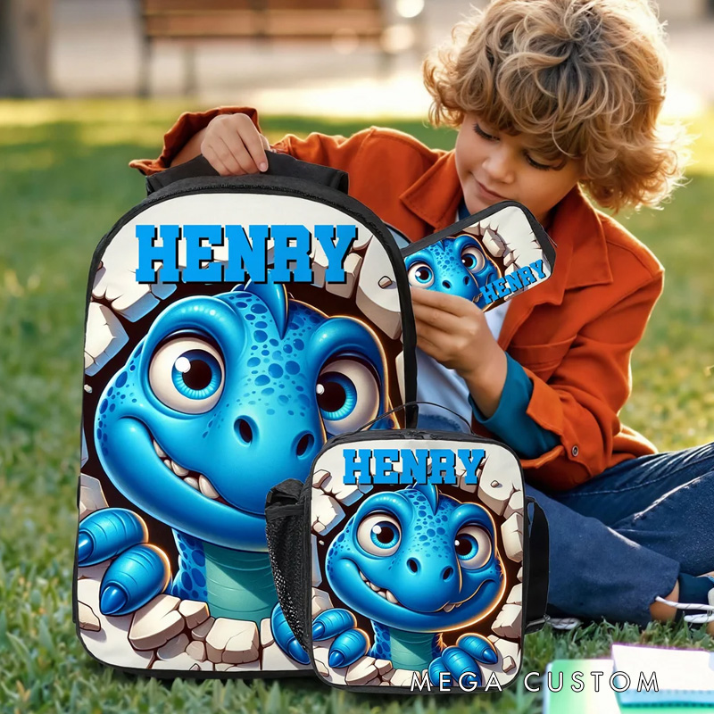 Personalized Cute 3D Cartoon Dinosaur Backpack Lunch Bag Pencil Case Set with Name Back to School Birthday Gift for Boys Girls