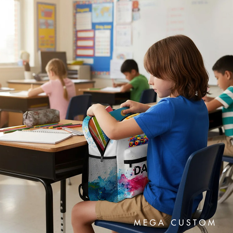 Personalized Watercolor Truck Initial Large Capacity Backpack with Name Back to School Birthday Christmas Gift for Boys Truck Lovers
