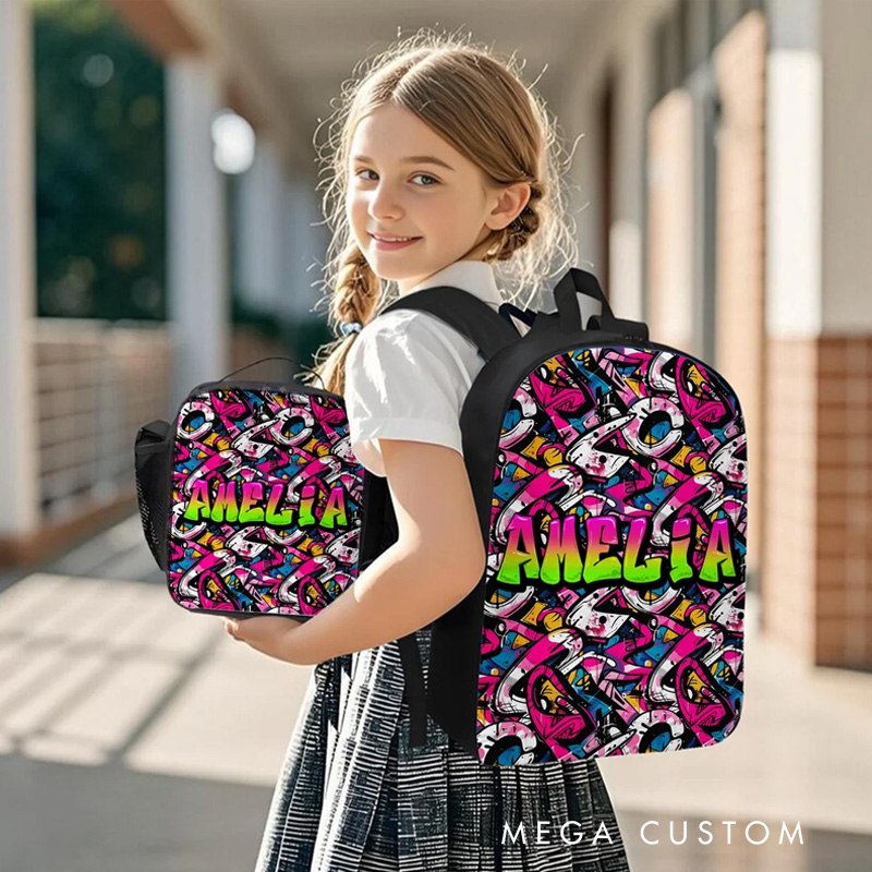 Personalized Colorful Graffiti Style Name Backpack Lunch Bag Pencil Case Set Back to School Birthday Gift for Boys Girls Students