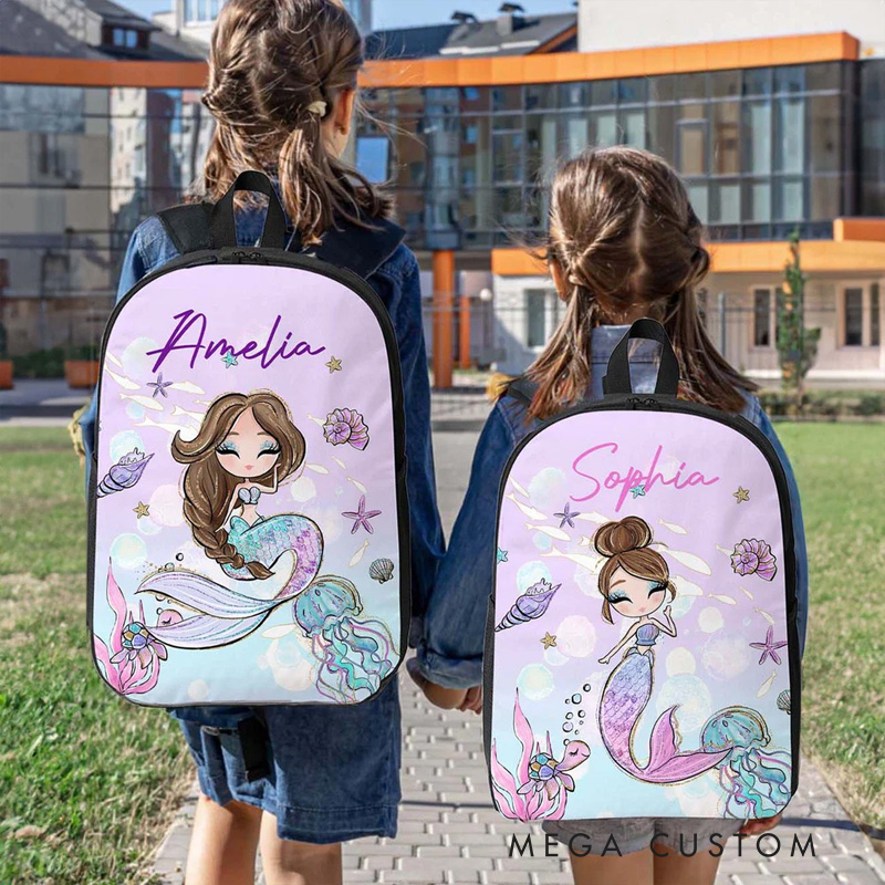 Personalized Cartoon Mermaid Backpack Luch Bag Pencil Case Set with Name Back to School Birthday Gift for Girls