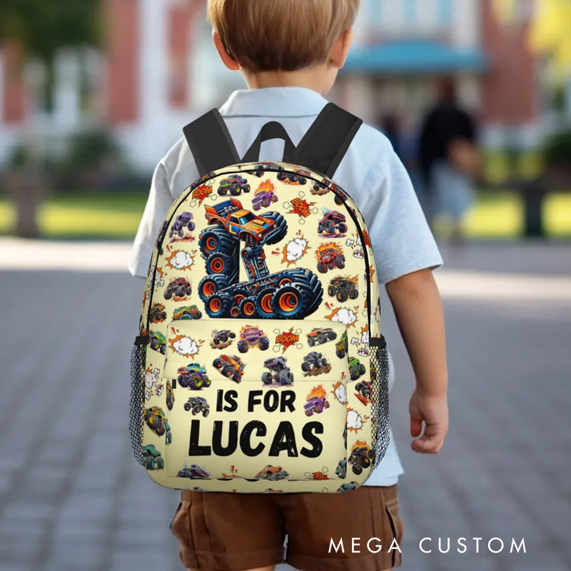 Personalized Big Wheel Off-Road Truck Initial Large Kid Backpack with Name and Side Pockets Daily Use Back to School Birthday Gift for Kids