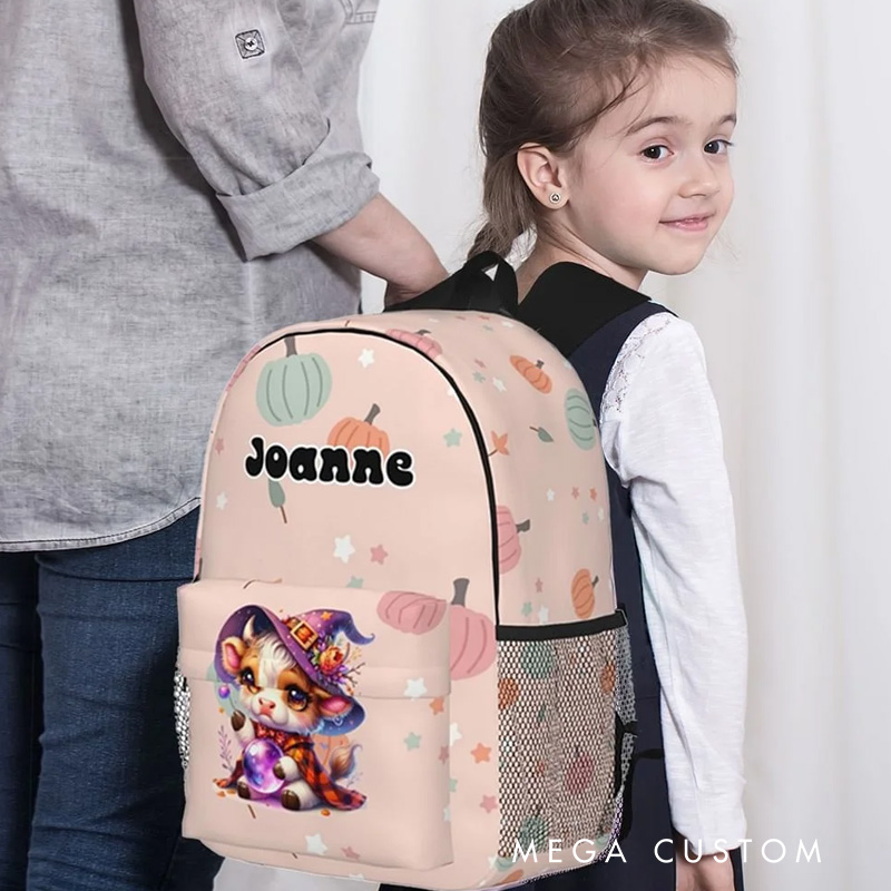 Personalized Highland Cow Pumpkin Design Waterproof Kid School Backpack with Name Halloween Fall Back to School Gift for Boys Girls