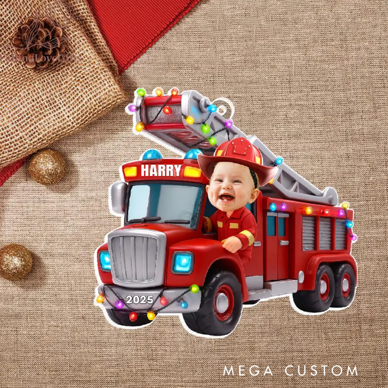 Personalized Fire Truck Christmas Ornament with Custom Photo and Name for Kids Who Love Fire Trucks Christmas Ornament