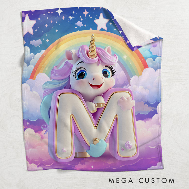 Personalized Unicorn Initial Blanket with Custom Letter and Rainbow Design for Kids and Cozy Bedroom Decor Blanket