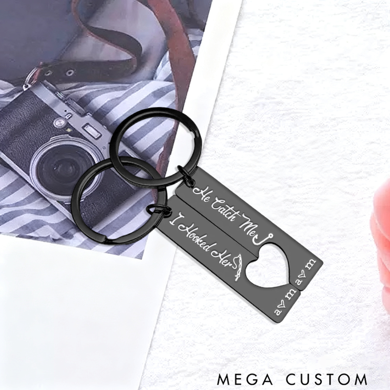 Personalized Couples Fishing Keychain Set He Caught Me and I Hooked Her Keychain Romantic Gift for Couples Fishing Lovers Anniversary or Valentine’s Day Present