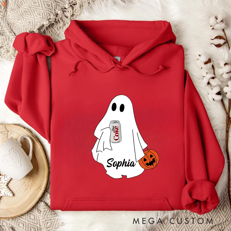 Personalized Cute Ghost Holding Soda and Pumpkin Fun Halloween Inspired Hoodies