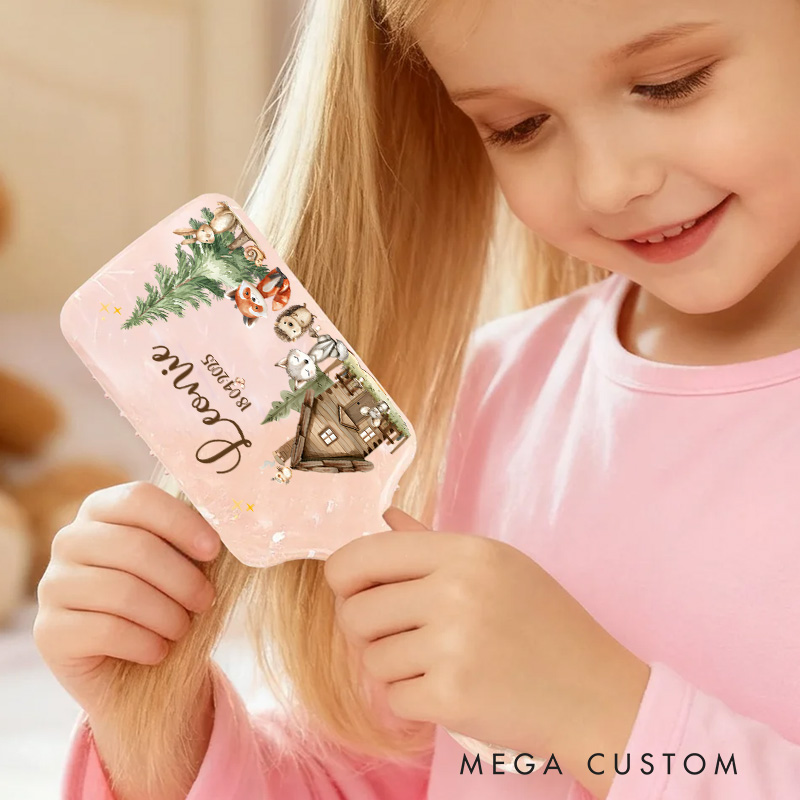 Personalized Woodland Hair Brush with Custom Name and Date Featuring Cozy Cabin and Forest Animals Design Hair Brush
