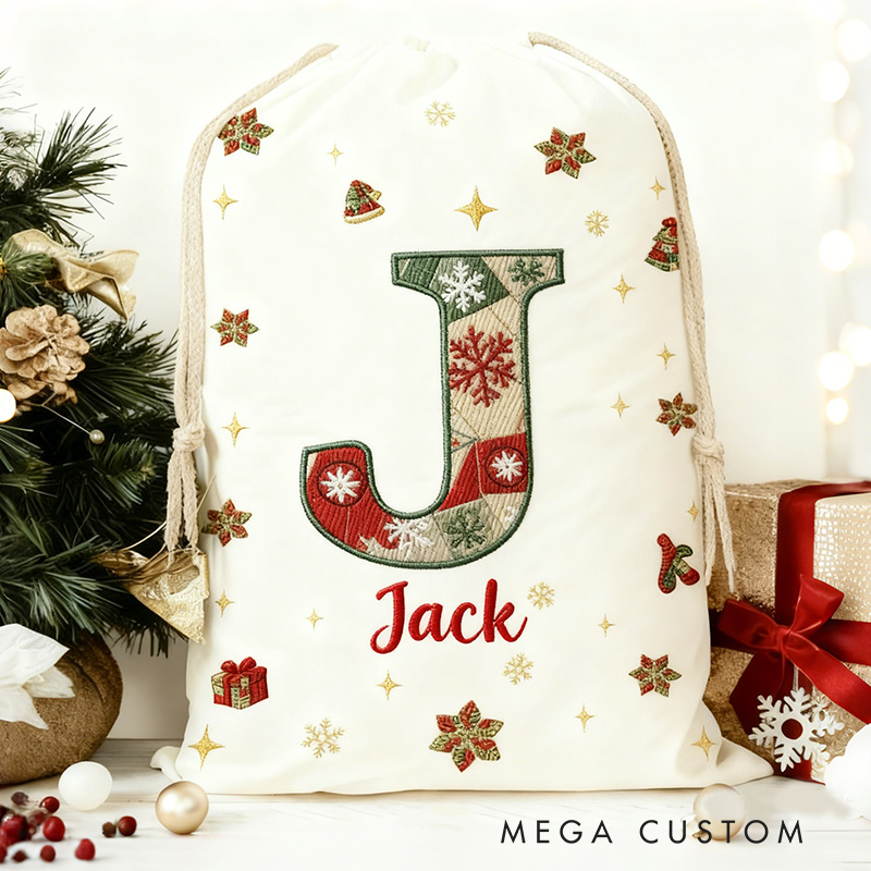 Personalized Initial Christmas Bag with Custom Name and Festive Imitation Embroidery Effect Style Design for Holiday Gifts Christmas Bag