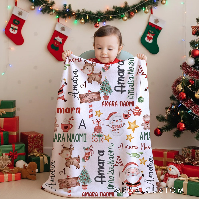 Personalized Cute Snowman Santa Claus Christmas Theme Soft Throw Blanket with Name Home Decor Christmas Gift for Kids Family