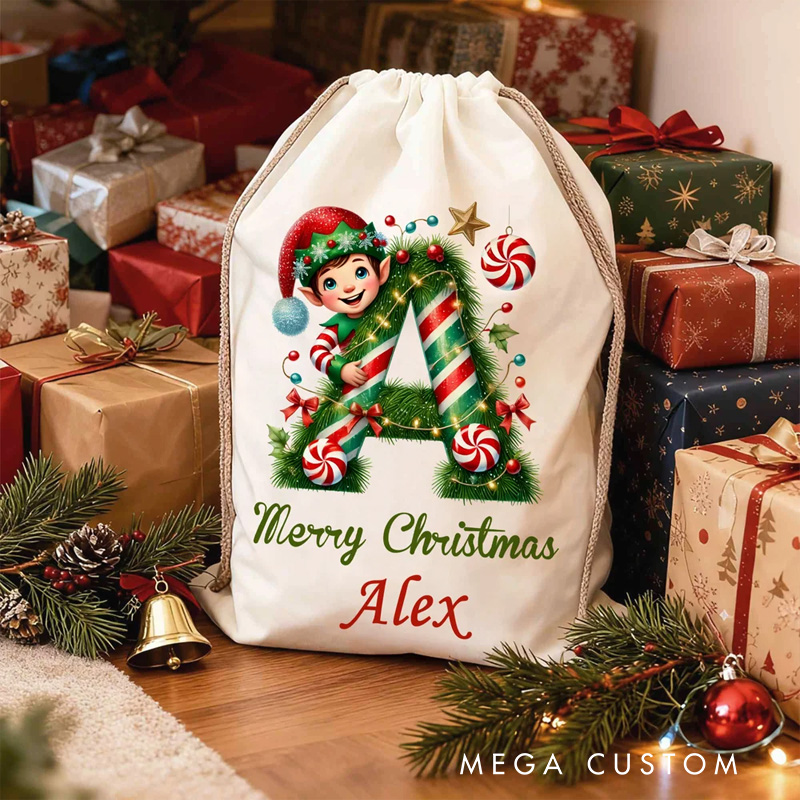 Personalized Merry Christmas Cute Elf Canvas Drawstring Gift Bag with Name and Initial First Christmas Party Favors for Kids Family