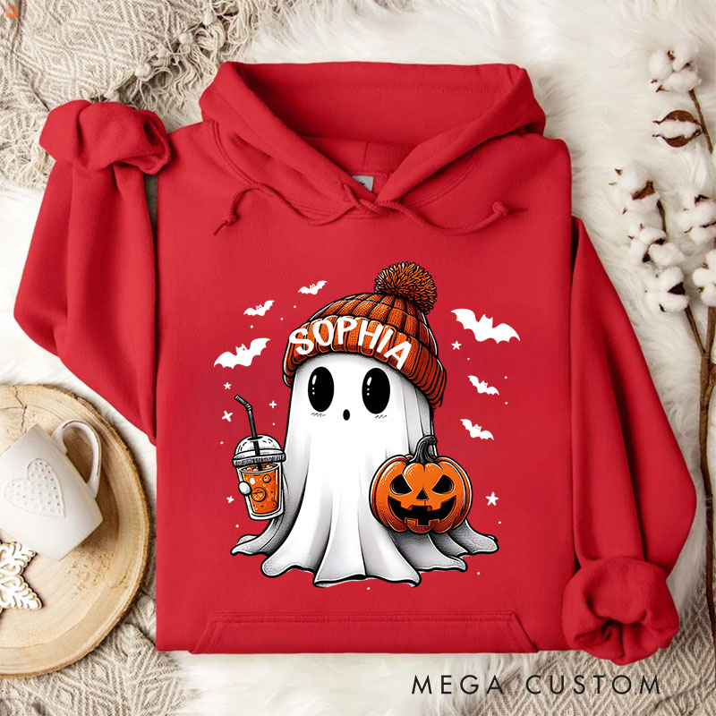 Personalized Adorable Ghost with Pumpkin and Coffee Autumn Halloween Aesthetic Hoodies