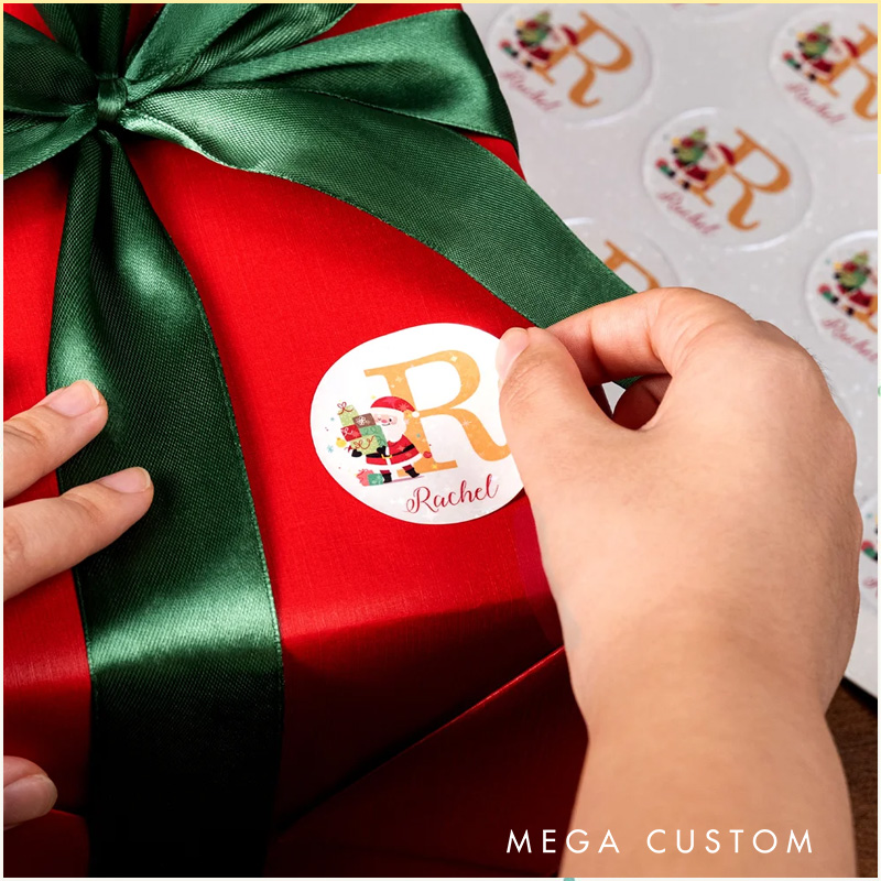 Personalized Santa Claus Initial Glitter Waterproof Stickers Labels with Name Gift Decor Christmas Party Favors for Family Friends