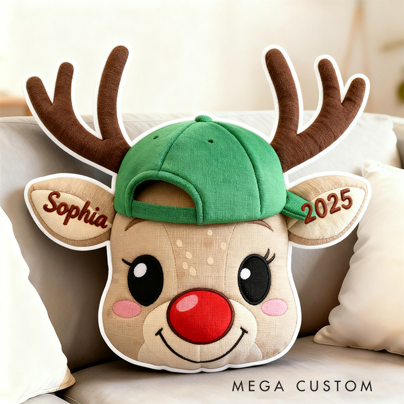 Personalized Cute Reindeer Face with Red Bow Custom Name and Year Soft Holiday Decoration Cozy Christmas Gift Plush Pillow