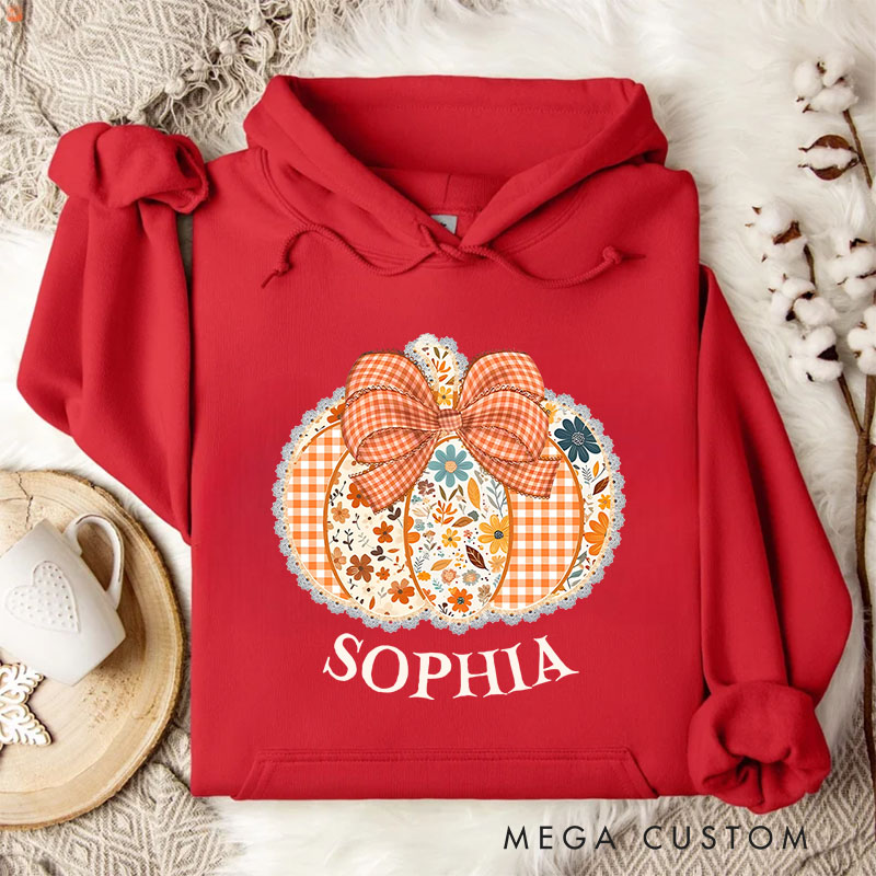 Personalized Gingham Pumpkin with Bow and Floral Accents Autumn Harvest Hoodies