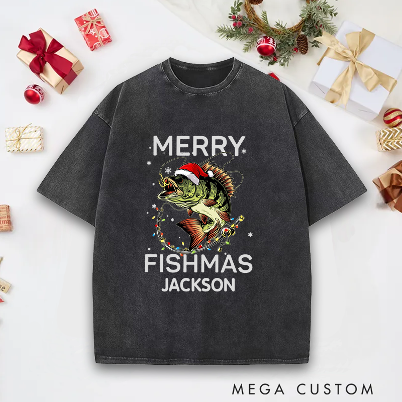 Personalized Fishing T-Shirt Merry Fishmas T-Shirt Funny Fishing Sweatshirt Christmas Gifts Ideal Gift for Fishing Lovers