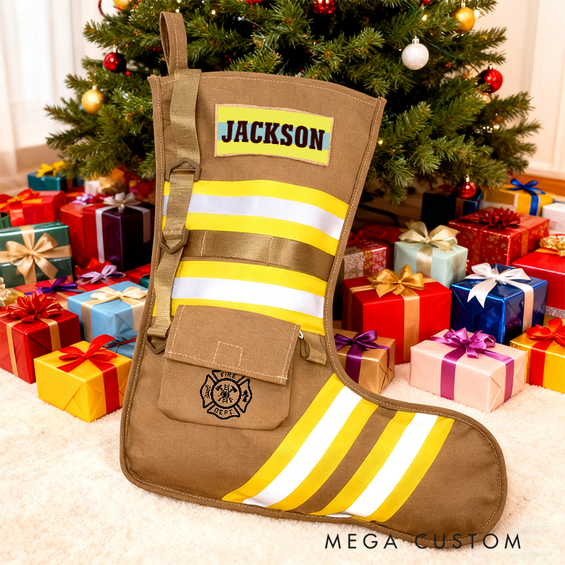 Personalized Firefighter Christmas Stocking with Custom Name and Reflective Stripes Unique Christmas Firefighter Gift