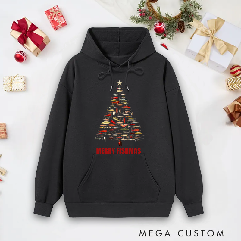 Personalized Fishing Christmas Tree Hoodie Fishing Lure Christmas Tree Hoodie Christmas Tree Sweatshirt Cozy Holiday Gift for Anglers