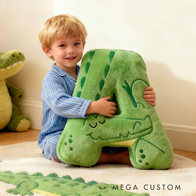 Personalized Green Crocodile Letter Initial Custom Name Soft Decorative Gift Fun Boys Room Jungle Animal Alphabet Graphic 3D Print Pillow
