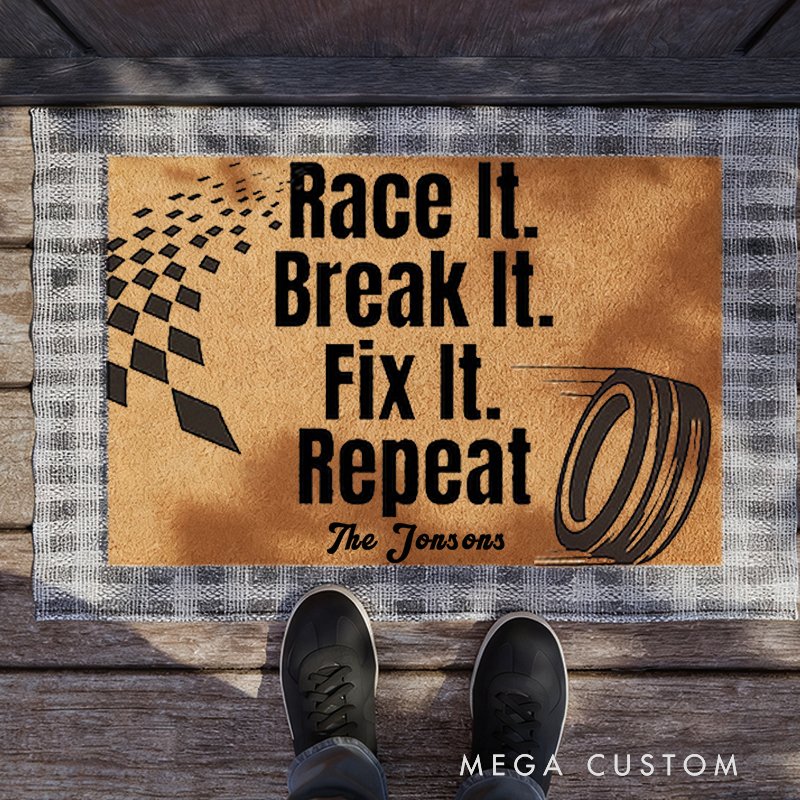 Personalized Racing Quote Welcome Mat Custom Name Race It Break It Fix It Repeat Doormat Gift for Racers and Car Lovers