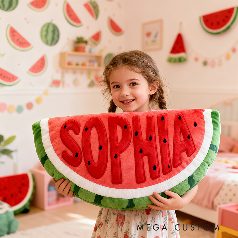 Personalized Watermelon Slice Shape Custom Name Soft Decorative Gift Fun Summer Fruit Style Cozy Kids Room Bright Graphic 3D Print Pillow