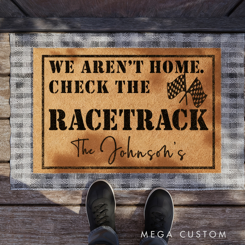 Personalized Racing Welcome Mat Custom Name We Arent Home Check the Racetrack Doormat Gift for Car Lovers and Motorsports Fans