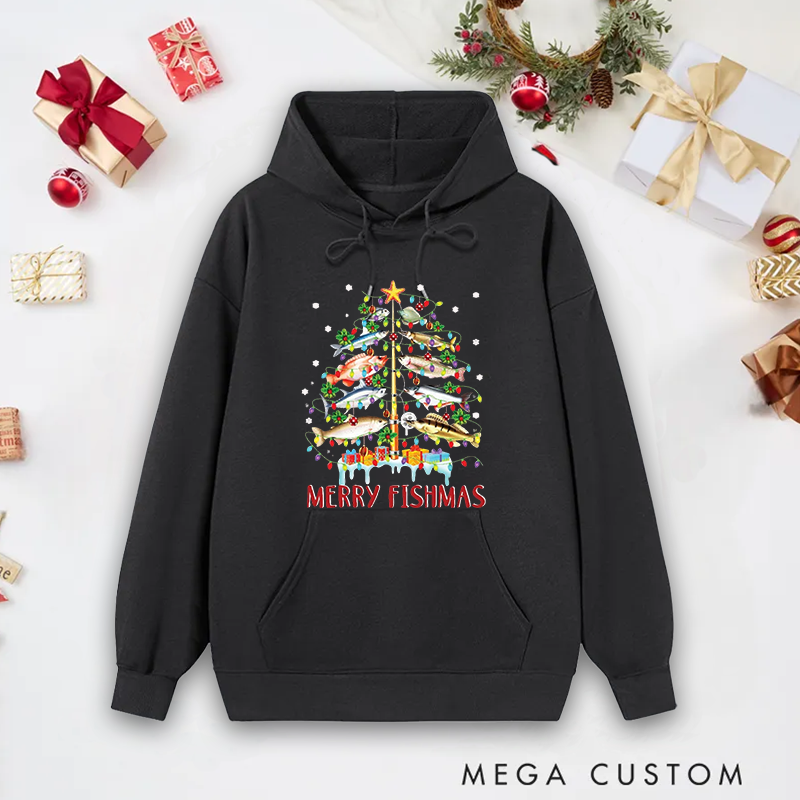 Personalized Funny Fishing Hoodie Colorful Fish Tree Hoodie Christmas Fishing Hoodie Cozy Holiday Wear for Fishing Lovers