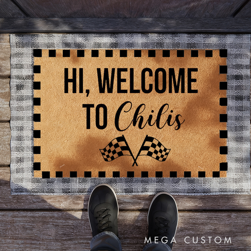 Personalized Racing Theme Doormat Custom Name Checkered Flag Welcome Mat Gift for Car Lovers and Motorsport Families