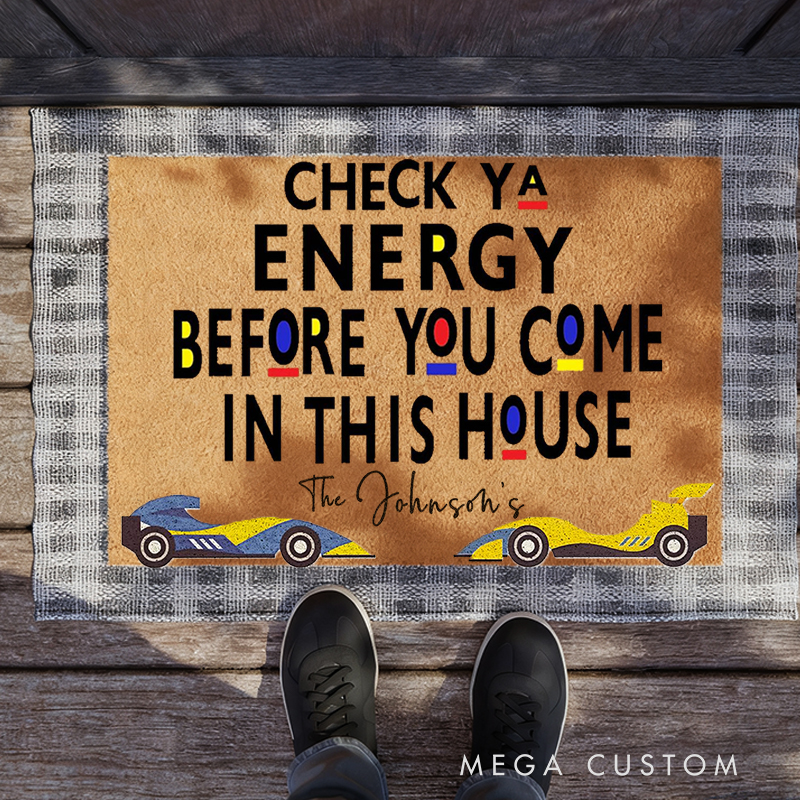 Personalized Funny Racing Doormat Custom Name Check Your Energy Welcome Mat for Car Lovers and Motorsport Families