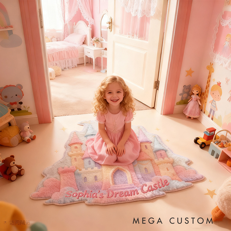 Personalized Dream Castle Shape Custom Name Soft Decorative Gift Fairytale Princess Style Cozy Nursery Room Rainbow Magic Fantasy Doormats