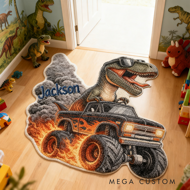 Personalized Dinosaur Monster Truck Custom Name Soft Decorative Gift Adventure Style Fun Playroom Cool Boys Room Fire Power Racing Doormats