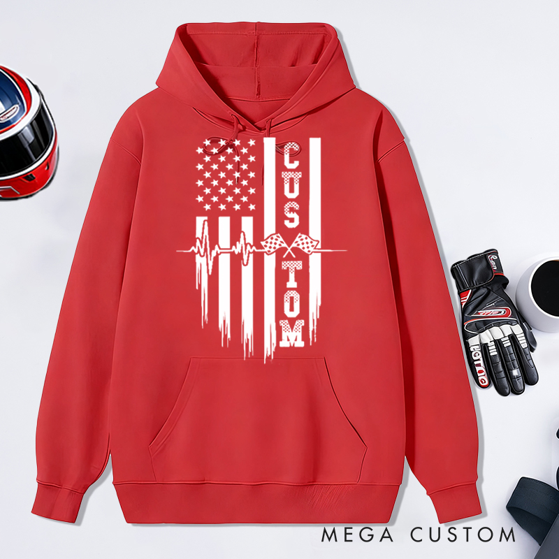 Personalized Racing Hoodie Custom Text Heartbeat Checkered Flag American Flag Sweatshirt for Car Lovers
