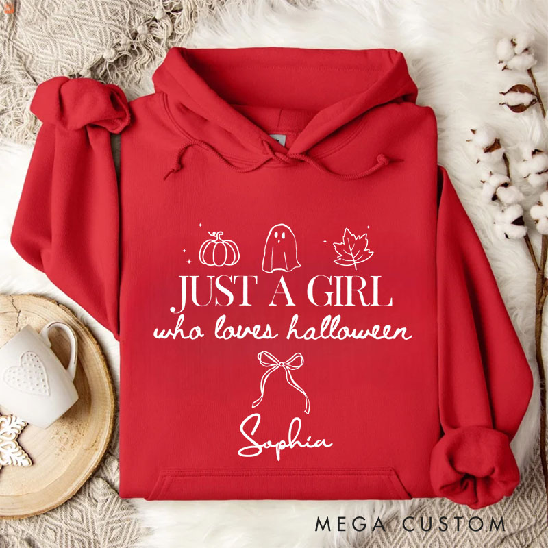 Personalized Just a Girl Who Loves Halloween Cute and Playful Ghostly Fun Hoodies