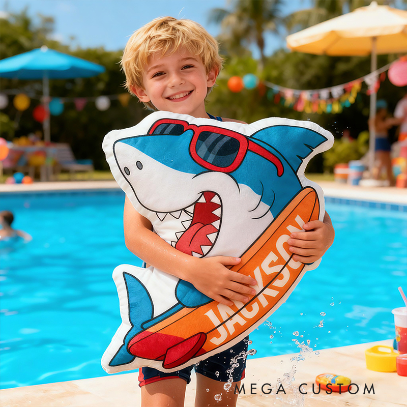 Personalized Cool Shark Surfboard Custom Name Soft Decorative Gift Summer Beach Style Fun Ocean Adventure Blue Waves Outdoor Vibe Graphic 3D Print Pillow