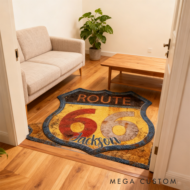 Personalized Route 66 Themed Rug with Custom Name Retro Style Home Decor