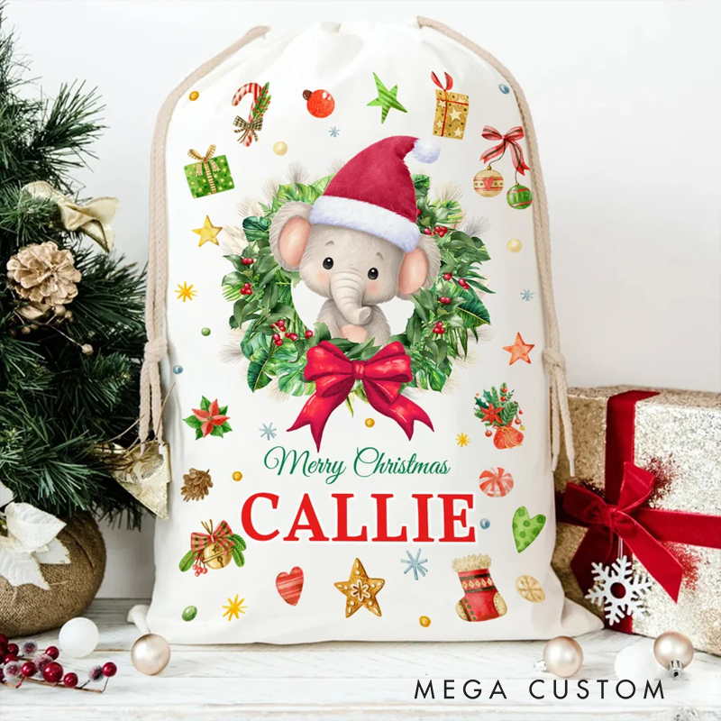 Personalized Cute Cartoon Christmas Animal Wreath Drawstring Christmas Gift Bag with Name Christmas Eve Party Gift for Kids Family Friends