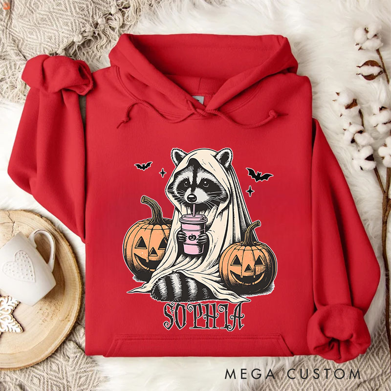 Personalized Raccoon with Pumpkins and Bats Adorable Halloween Forest Vibes Hoodies