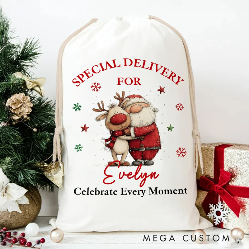 Personalized Santa Claus Snowman Reindeer Design Canvas Drawstring Gift Bag with Name Christmas Gift for Kids Family