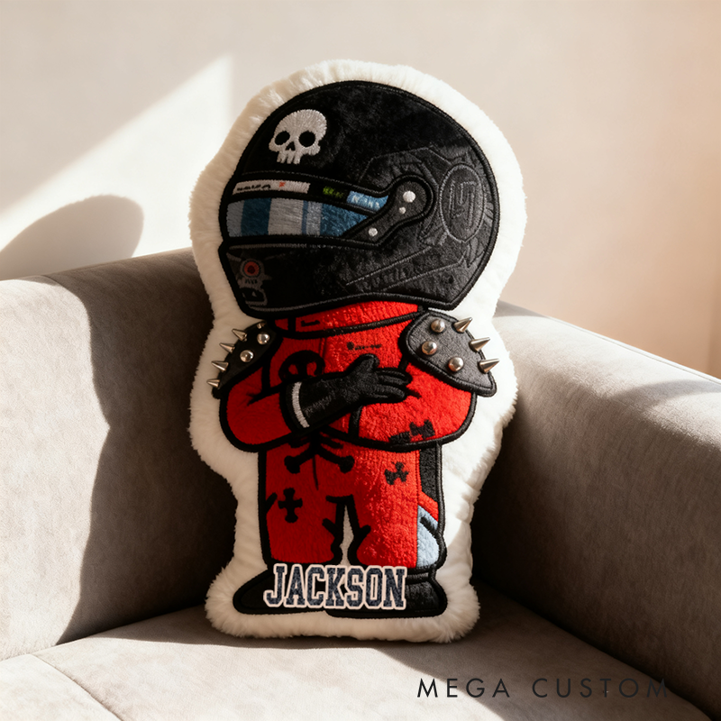 Personalized Vehicle Racing Driver Shaped Pillow with Skull Design and Custom Name Unique Gift for Kids