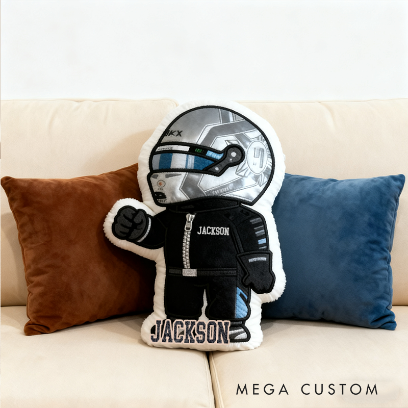 Personalized Vehicle Racing Driver Shaped Pillow with Sleek Black Design and Custom Name Unique Gift for Kids