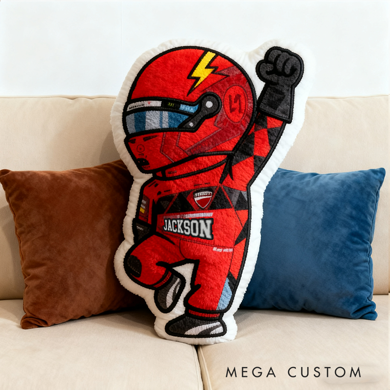 Personalized Vehicle Racing Driver Shaped Pillow with Red Lightning Design and Custom Name Unique Gift for Kids